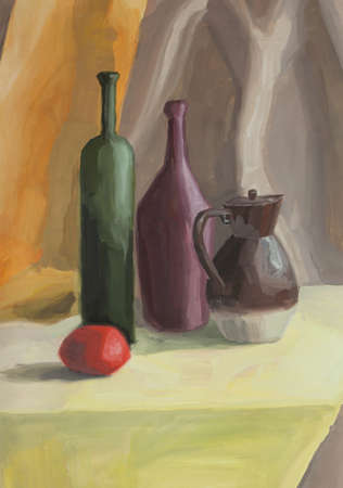Hand painting still life with jug, bottle, tomatoの写真素材