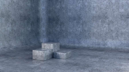 Pedestal for display product. Podium and background made of metal with scratches. 3d renderの写真素材