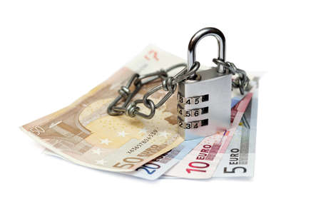 Combination lock and euro on white backgroundの写真素材