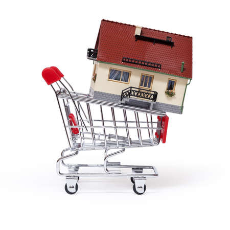  Model of the house in shopping cart on white backgroundの写真素材