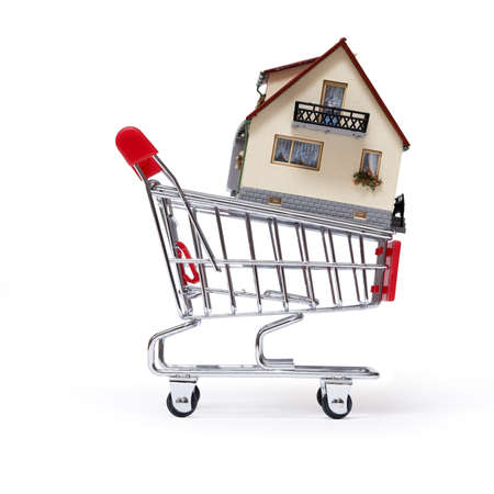  Model of the house in shopping cart on white backgroundの写真素材