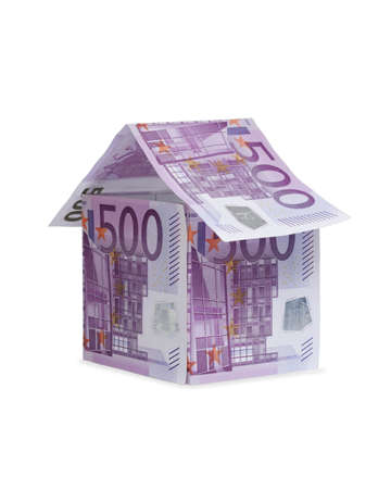 house made of 500 euro money bills isolated on white background の写真素材
