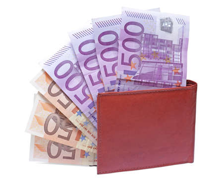 wallet with euro notes isolated on white backgroundの写真素材