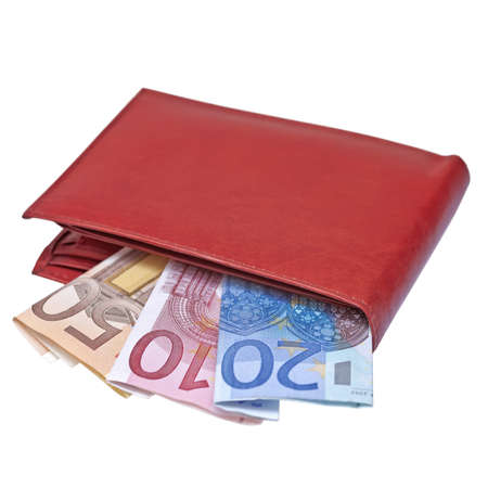 wallet with euro notes isolated on white backgroundの写真素材