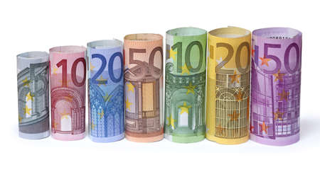 Rolled up Euro bills on white backgroundの写真素材