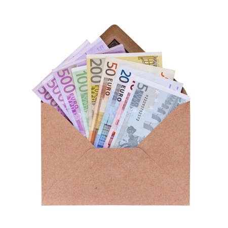 Open envelope with euro banknotes on a white background