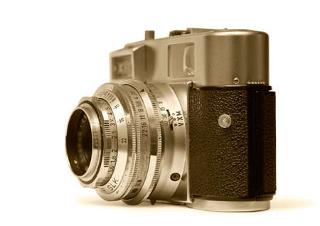 Close up of old camera on whiteの写真素材