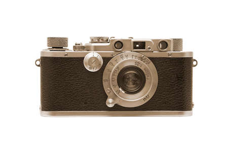 Close up of old camera on whiteの写真素材