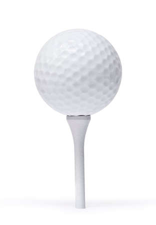 Professional golf ball on  tee, against white backgroundの写真素材