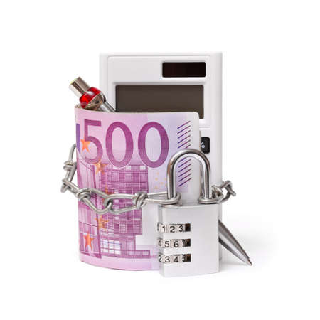 Combination lock with chain and euro on white backgroundの写真素材