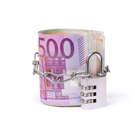 Combination lock and euro on white backgroundの写真素材