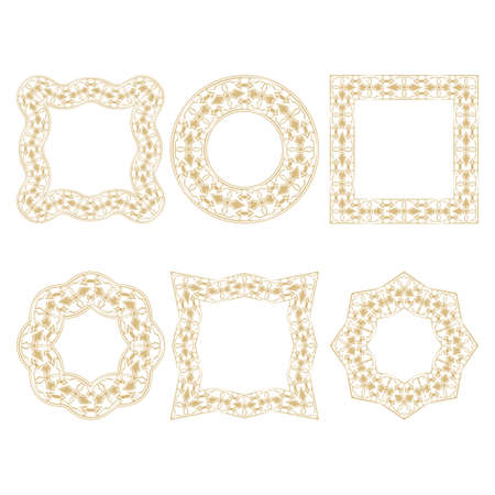 A set of circular ornaments on a white background. Seamless gold frames in east style. Vector illustration.のイラスト素材
