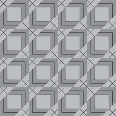 Seamless geometrical pattern in shades of gray. Symmetrically repeating rhombuses, cubes, triangles and squares of various size. Vector graphics.のイラスト素材