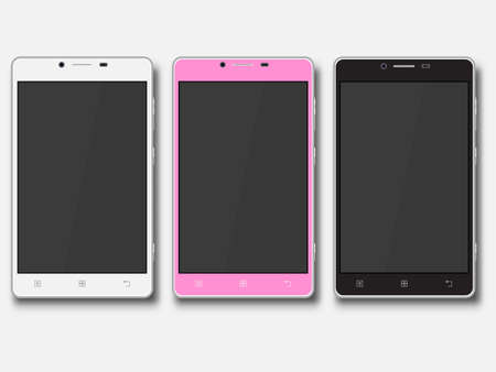 Realistic white, pink, black phones with the empty screen isolated on a white background. A vector illustration in flat style.のイラスト素材