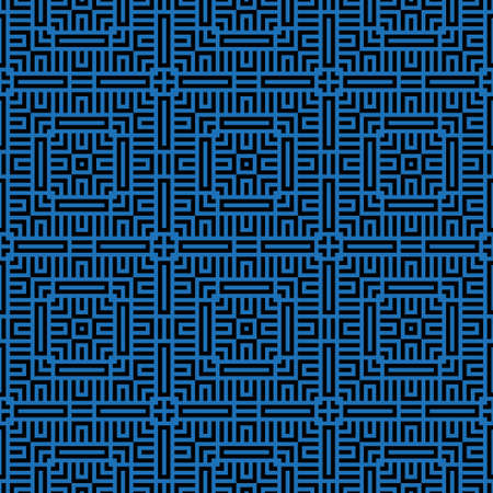 Seamless modern abstract geometrical pattern from blue and black figures. Illusion of a labyrinth. To apply on fabric, a background, packing, a card cover. Vector graphics.のイラスト素材