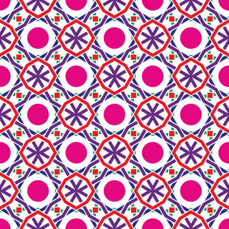 Colourful seamless geometrical pattern. A modern ornament from multi-colored triangles in the form of a star and circles. Vector graphics.のイラスト素材