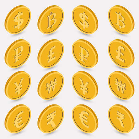 Vector character set of world currencies. Isometric icons of bank notes. 3D. Elements of design of a business concept. The isolated vector illustration.のイラスト素材
