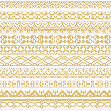 Vector set of dividers in east style. Golden borders for the text and execution of various pages and documents. Design elements. Vector graphics.のイラスト素材