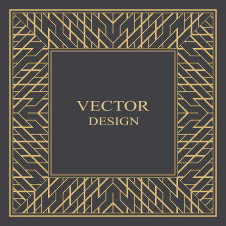 Gold decorative frame in art deco style. Applicable for monograms, wedding invitation, menu. Rectangular vector ornament. A graphic design element that is isolated on a black background.のイラスト素材