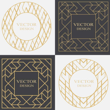 Set decorative frame in art deco style. Applicable for monograms,  wedding invitation, menu. Circular vector ornament. Graphic design element isolated on black and white background.のイラスト素材