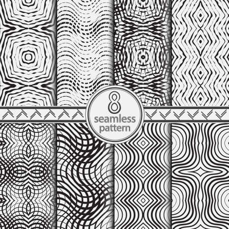 Set of vector seamless models. Abstract the monochrome distorted lines. Infinitely repeating geometrical elements. Wall-paper for the press. Vector graphics.のイラスト素材