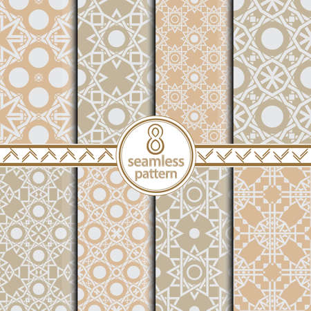 Set of vector seamless patterns. Modern geometrical textures with crossed stars, rhombuses, diamonds, squares, circles, hexagons.  An abstract background design of the card, a cover, a flyer.のイラスト素材