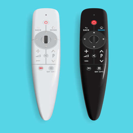 Remote control of the TV. Technology media. A set of grey and black icons in a flat style. Digital device control-panel to watch video. The vector illustration is isolated on a blue background. のイラスト素材
