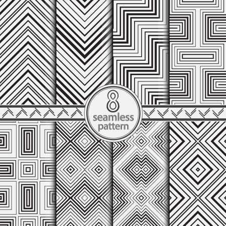 Seamless set of vector geometric models. Modern monochrome texture. Abstract background with regular repetition of angular shapes, rombs, lines, zigzag. Lattice of graphic design.のイラスト素材