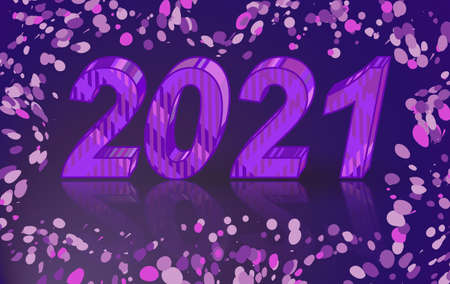 Happy New Year 2021. Poster Template with digit and multicolored serpentine. Mirror reflection....