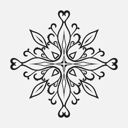 Black and white silhouette of floral ornament. Abstract snowflake.Circular pattern on a gray background. Vector element of graphic design.のイラスト素材