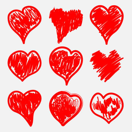 Doodle hearts. A set of red hand drawn hearts. Collection a symbol of love. Web design. Flat style. Vector illustrations.のイラスト素材