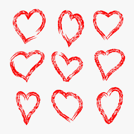 A set of drawn silhouettes in the form of a heart. Symbol of Love. Red Hearts doodle. Flat style. Social nets, web buttons, like. Web design. Vector illustrations.のイラスト素材