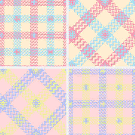 Gingham herringbone pattern set plaid in yellow, red, blue, pink. Pastel seamless backgrounds tartan...