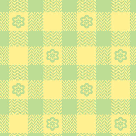 Gingham herringbone pattern set plaid in yellow, green. Pastel color seamless backgrounds tartan with small flowers. Easter design. Printing for tablecloth, dress, shirts and textiles.のイラスト素材