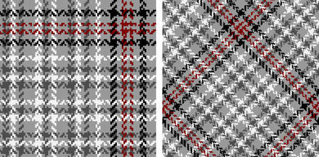 Seamless plaid pattern vector background set. Classic pixel texture herringbone. Straight and...