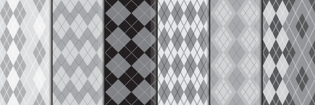 Check plaid seamless set argyle pattern. Fashion background consisting of diamonds of white, gray, black color. abstract texture. Used in knitted garments such as sweaters and socks. Vector.のイラスト素材