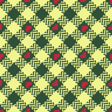Gingham pattern plaid in herringbone green, olive, red. Seamless backgrounds tartan with hearts....