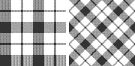 Black and white seamless plaid pattern background set. Classic texture herringbone. Straight and oblique scottish cage. Vector graphics printing on fabrics, shirts; textiles and tablecloth.のイラスト素材