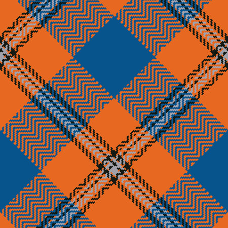 Check plain seamless pattern. Orange, blue, black Scottish diagonal cage. textured herringbone wallpaper. Of printing on fabric, shirt, textile, curtain and tablecloth. Vector.のイラスト素材
