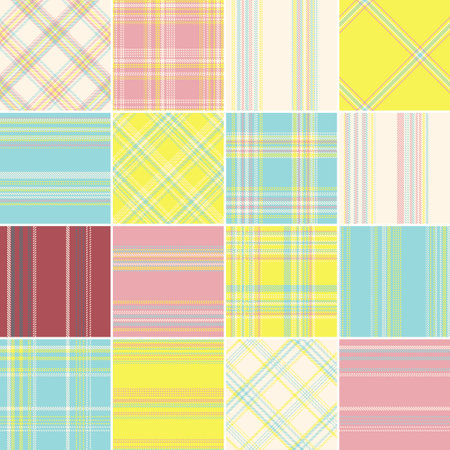 Check plaid and striped seamless wallpaper background set. Colored straight and oblique cage pixel texture. striped wallpaper. Printing on fabric, shirt, textile, curtain and tablecloth. vectorのイラスト素材
