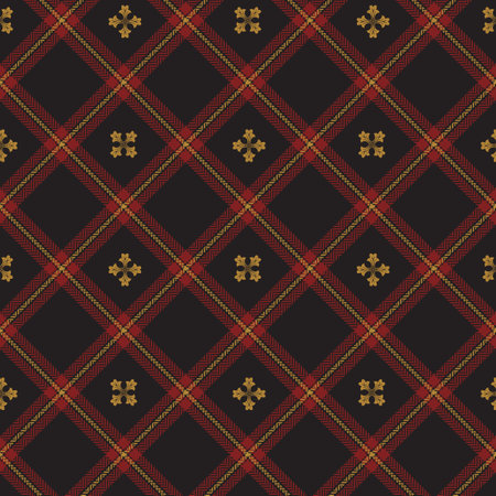 Check plaid seamless pattern with flowers. Black, red, gold cage background. Scottish fashion texture the herringbone. Of printing on fabric, shirt, textile, wallpaper, curtain, tablecloth. Vector.のイラスト素材