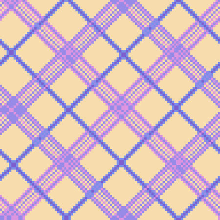 Check plaid seamless pattern. Lilac, purple, yellow, blue pixel background checkered. Tartan cage abstract textured. Printing on fabric, shirt, textile, curtain and tablecloth. Vector graphic.のイラスト素材