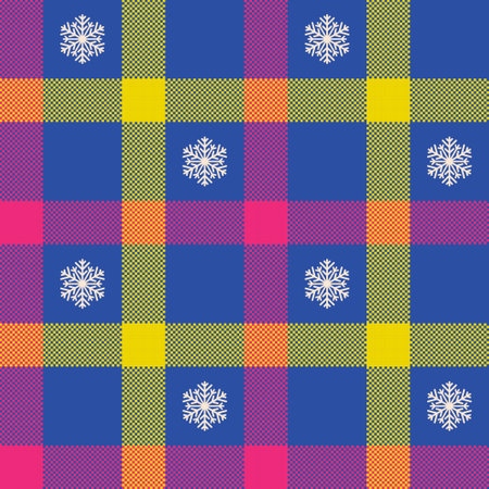 Check plaid seamless pattern with snowflakes. Tartan pixel texture background. Color fashion scottish wallpaper checkered. Printing on fabric, shirt, textile, curtain and tablecloth. Vector.のイラスト素材