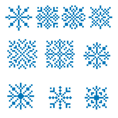Christmas collection blue pixel snowflakes isolated on a white background. Flat style. A winter design element. New Year's white and blue vector background.のイラスト素材