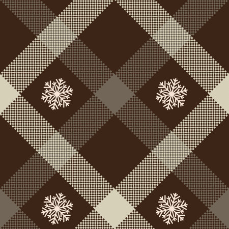 Check plaid seamless pattern with snowflakes. Tartan pixel texture background. Color fashion scottish wallpaper checkered. Printing on fabric, shirt, textile, curtain and tablecloth. Vector.のイラスト素材