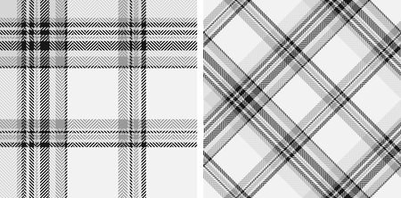 Set black and white plaid seamless pattern. Modern fashion straight and oblique cage herringbone...
