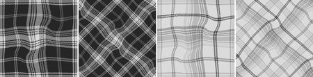 Set check plaid seamless pattern. Wavy abstract background scottish cage herringbone texture. Wallpaper illusion of distortion. Printing on fabric, shirt, textile, curtain, tablecloth. Vectorのイラスト素材
