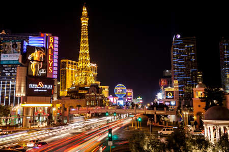 Las Vegas, Nevada, USA 2012.01.11 Car light trails at a bright night on one of the central streets...