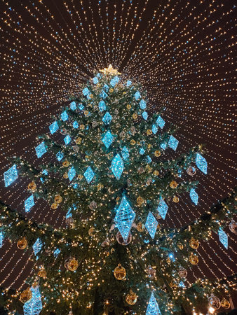 Christmas New Year decorations fir tree city lights in Russian holidays towns and streets Kolomnaの写真素材
