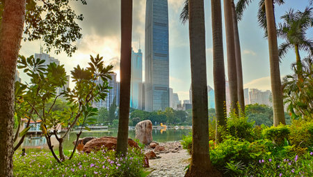 Shenzhen city picturesque views cityscape buildings architecture nature trees sky modern and ancient...